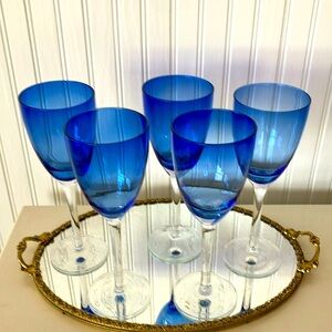Cobalt Blue Wine/Water Glasses With Long Clear Stems, 8 Ounces, Set of 5